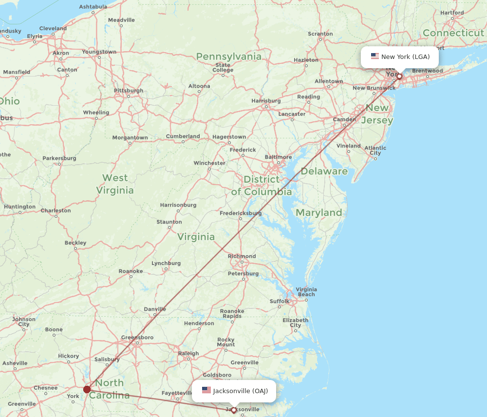 LGA to OAJ flights and routes map