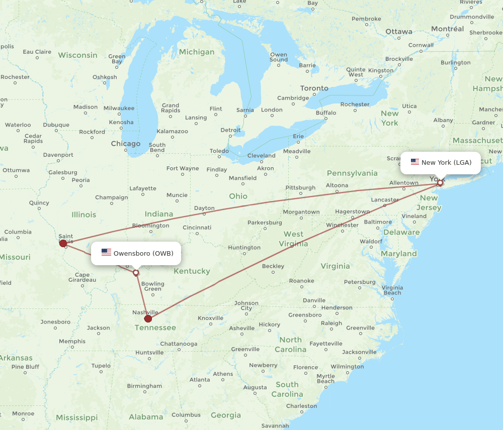 LGA to OWB flights and routes map