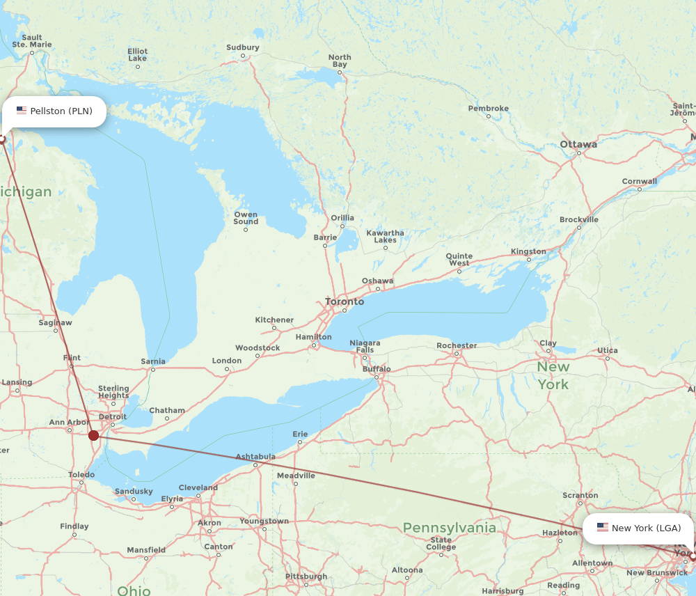 LGA-PLN flight routes