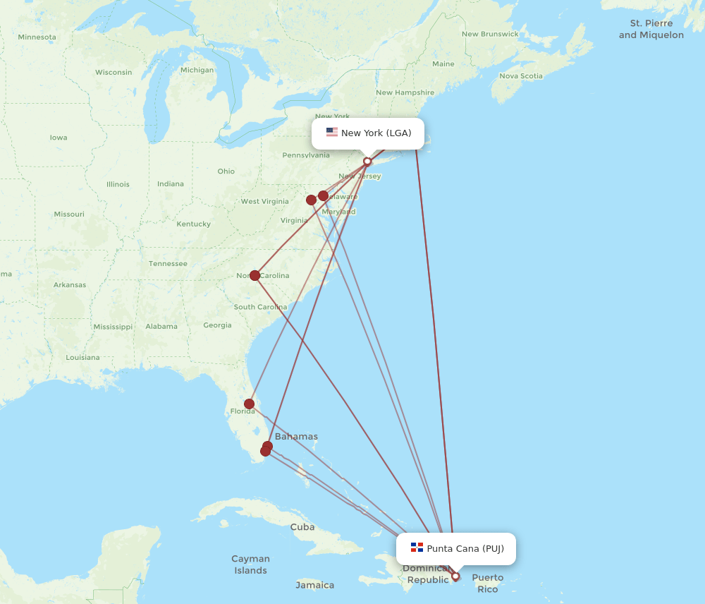 LGA to PUJ flights and routes map