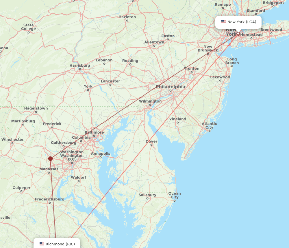 LGA to RIC flights and routes map