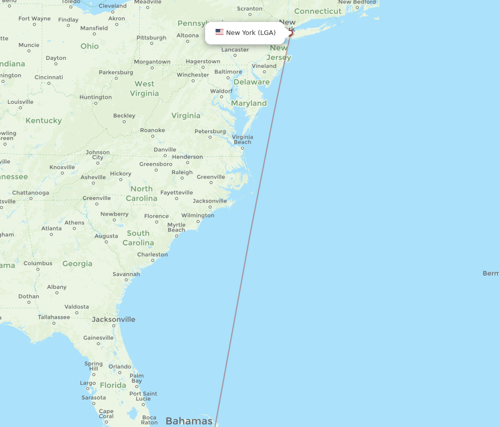 Rock Sound - New York route map and flight paths