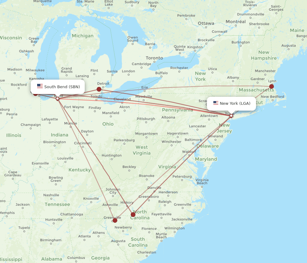 LGA to SBN flights and routes map