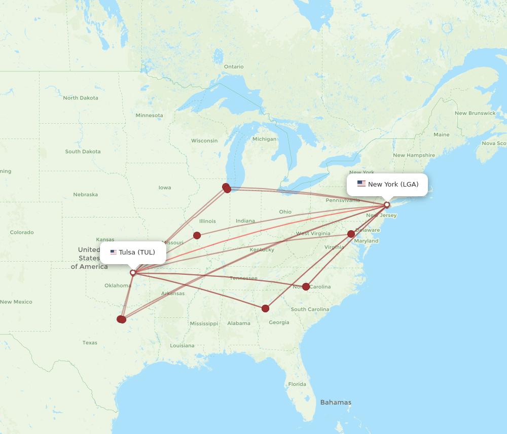 LGA to TUL flights and routes map