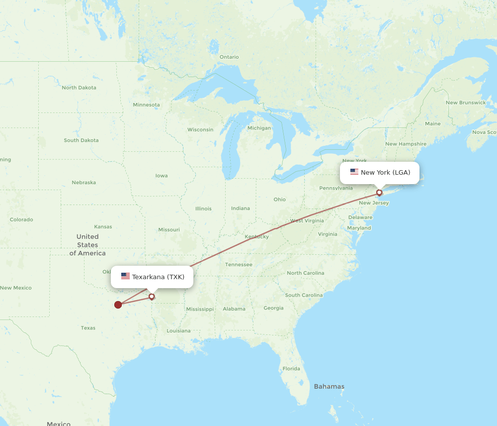 LGA to TXK flights and routes map