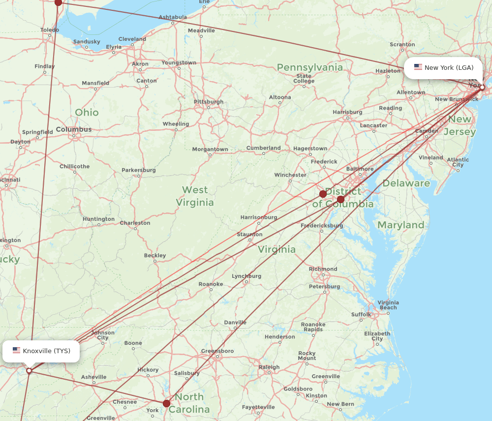 LGA-TYS flight routes