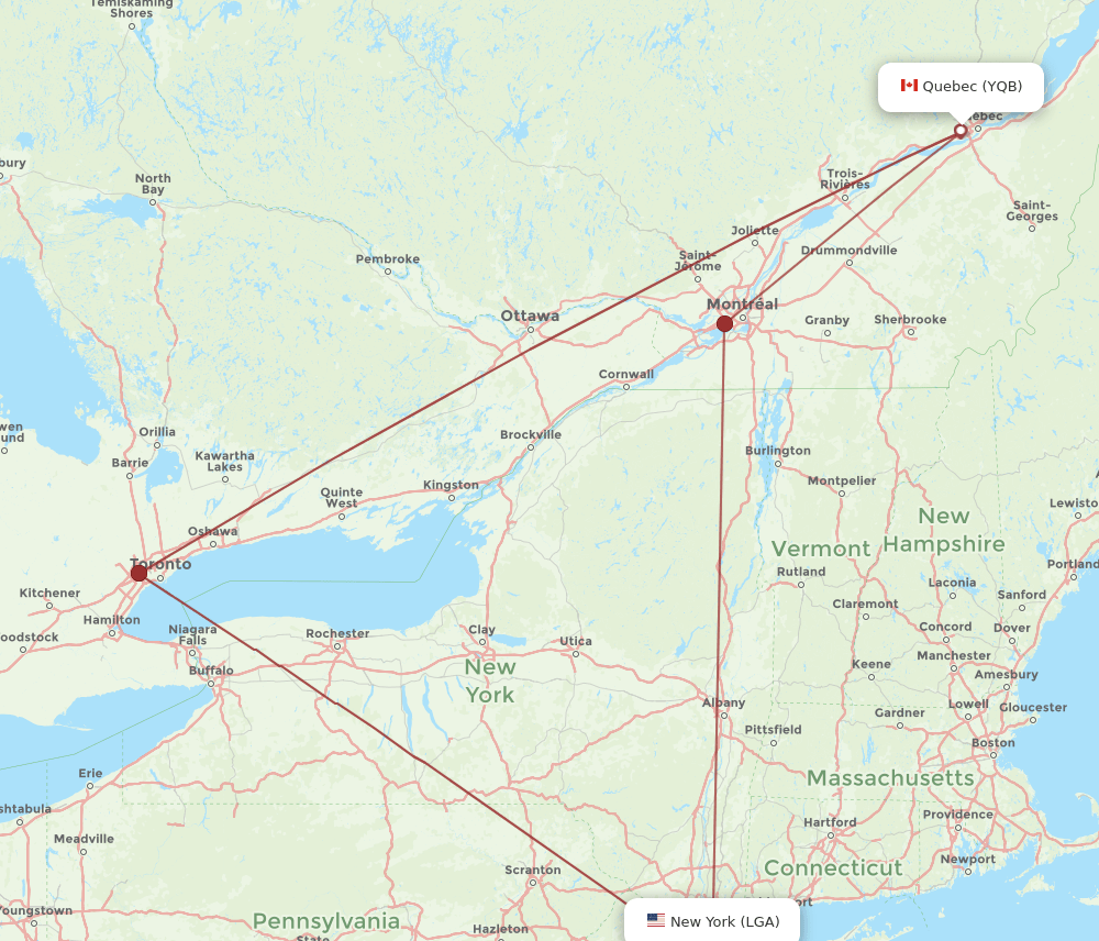 LGA to YQB flights and routes map