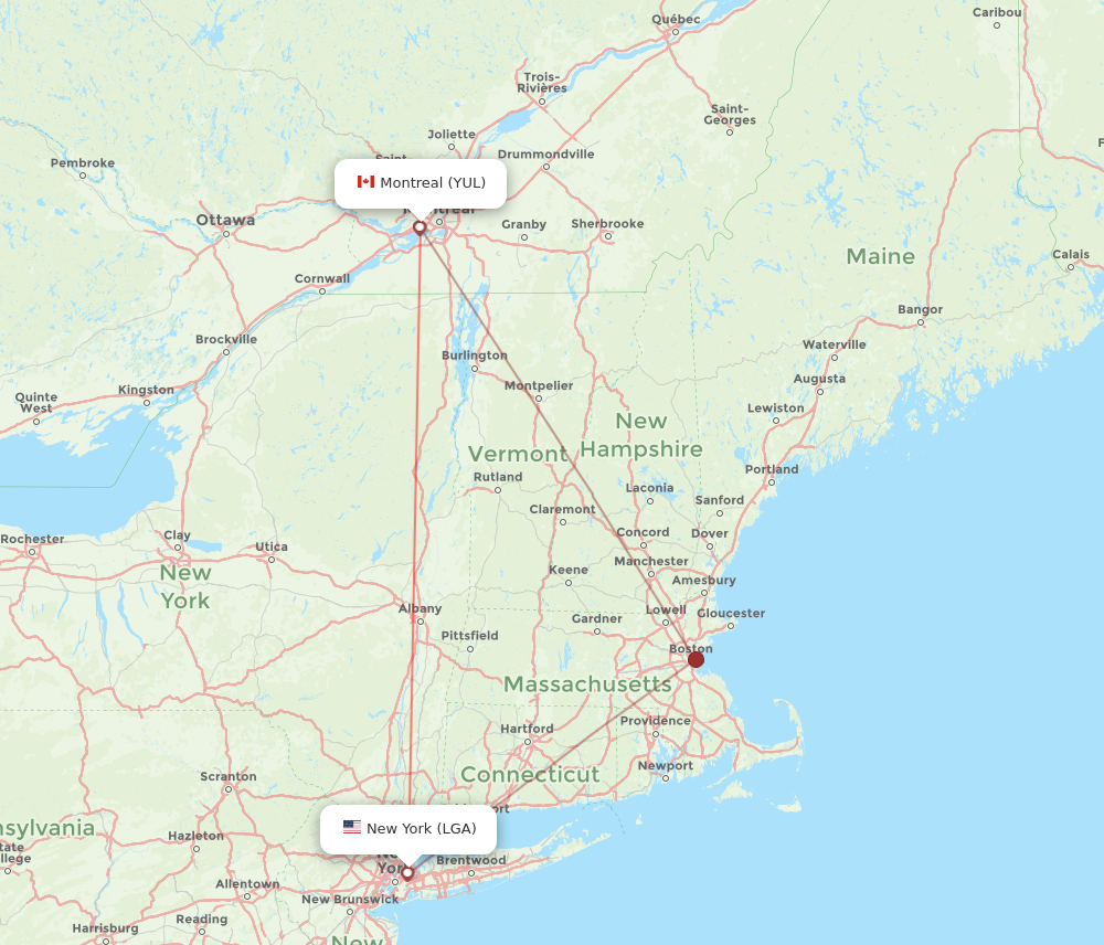 New York - Montreal route map and flight paths