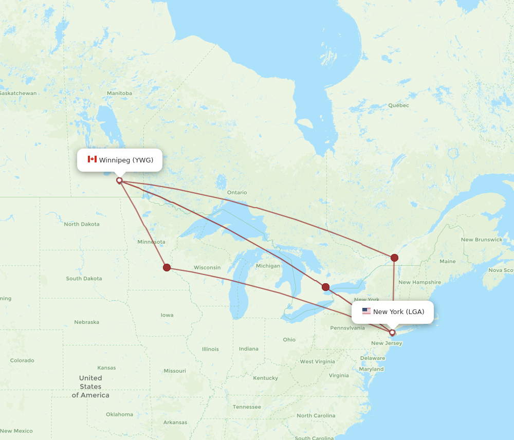 LGA to YWG flights and routes map