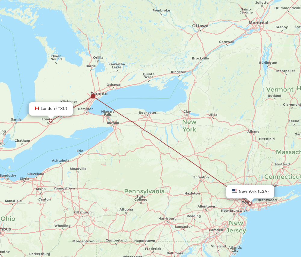 YXU to LGA flights and routes map