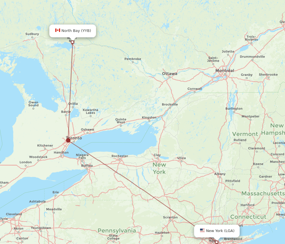 North Bay - New York route map and flight paths
