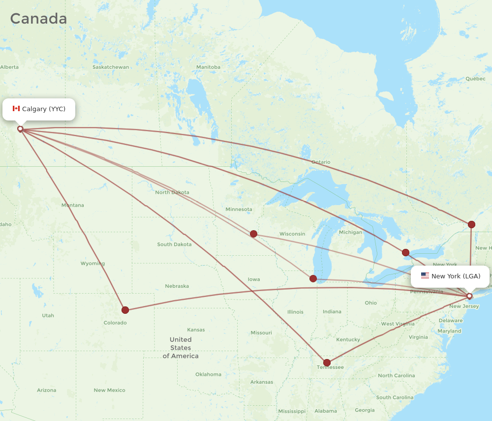 LGA to YYC flights and routes map