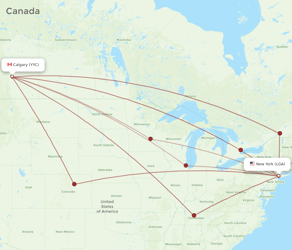Calgary - New York route map and flight paths