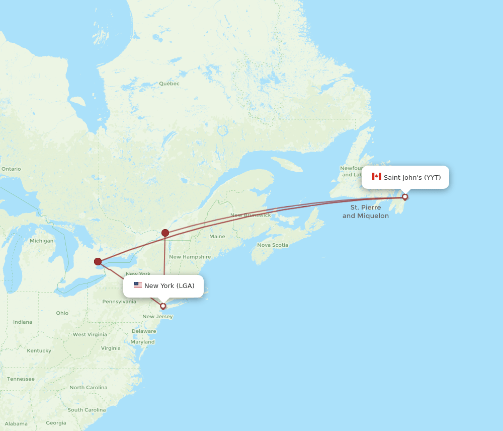 St. John's - New York route map and flight paths