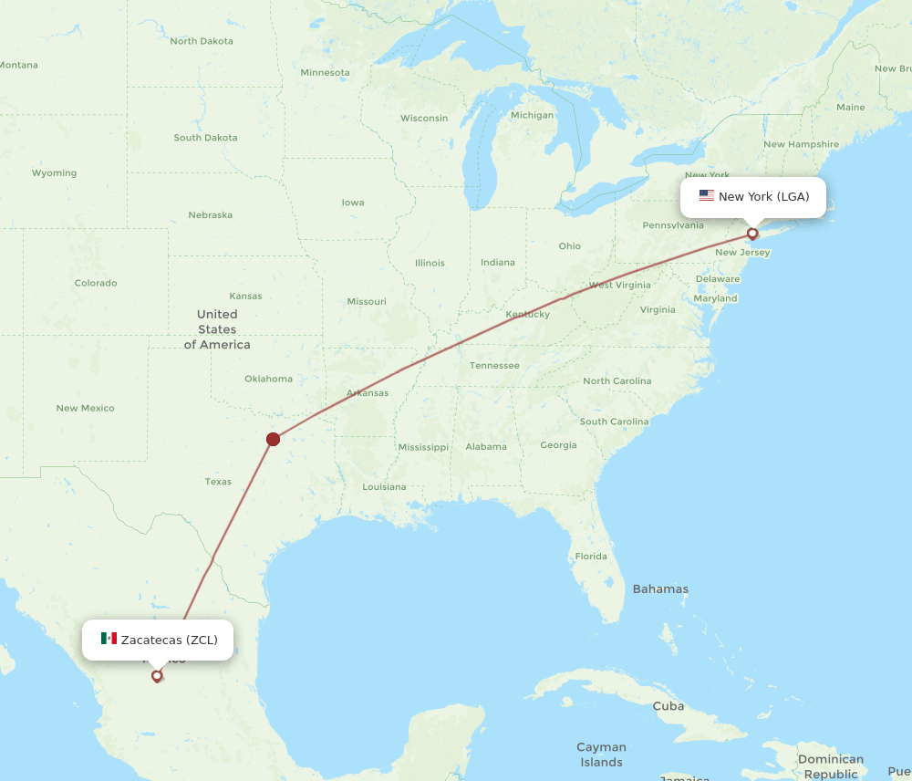 Zacatecas - New York route map and flight paths