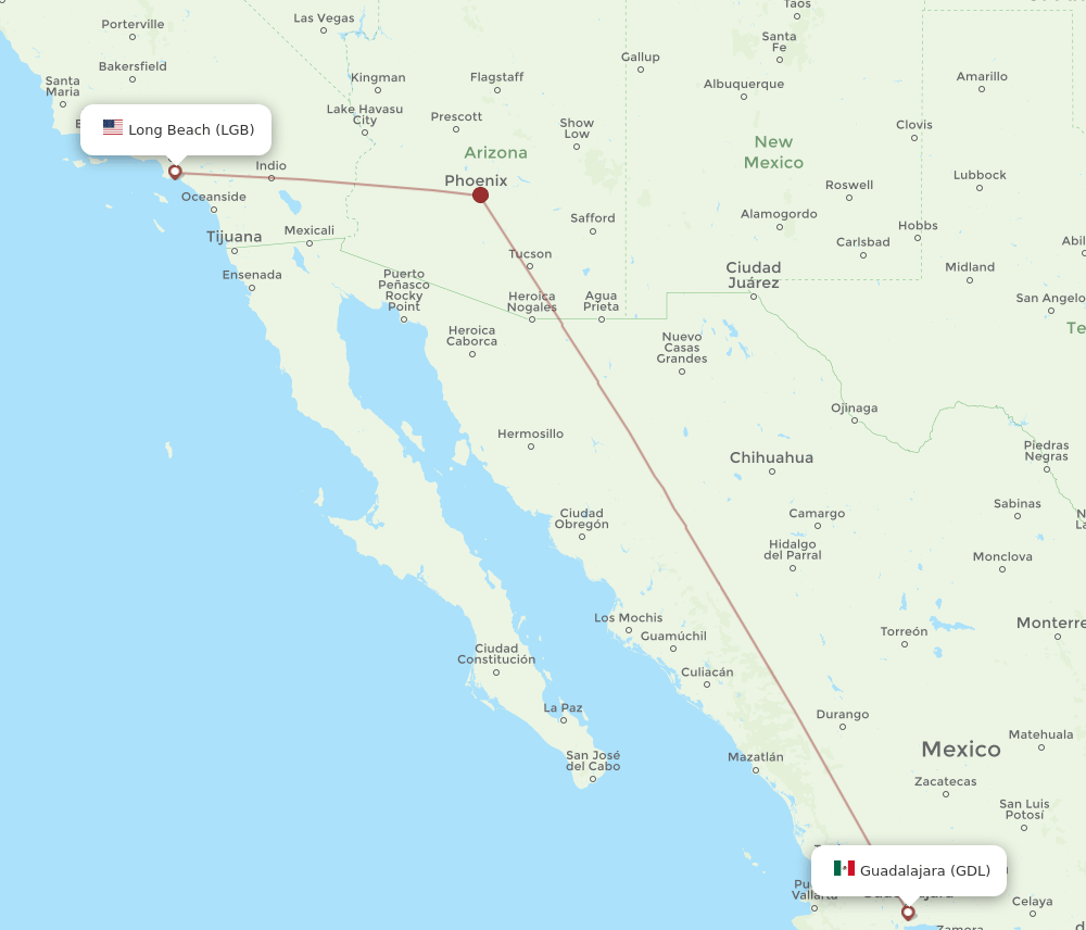 LGB to GDL flights and routes map