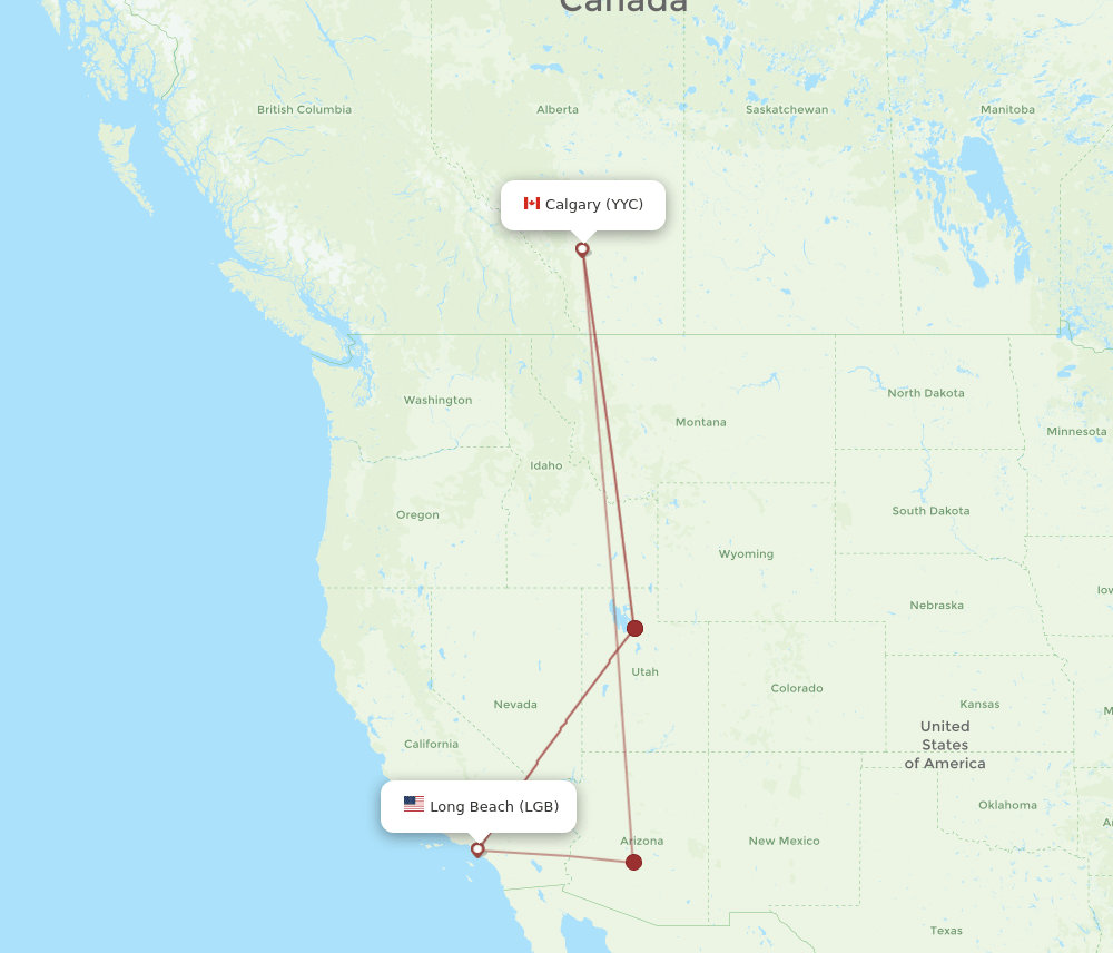 Calgary - Long Beach route map and flight paths