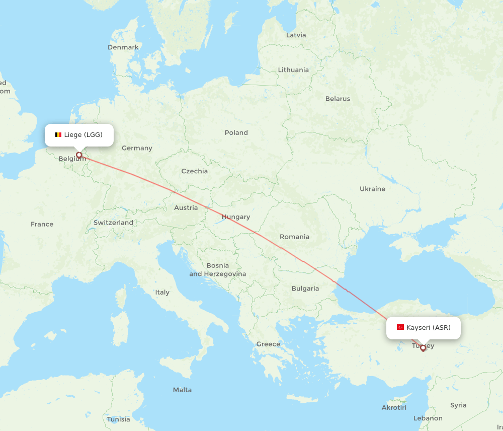 Liege - Kayseri route map and flight paths