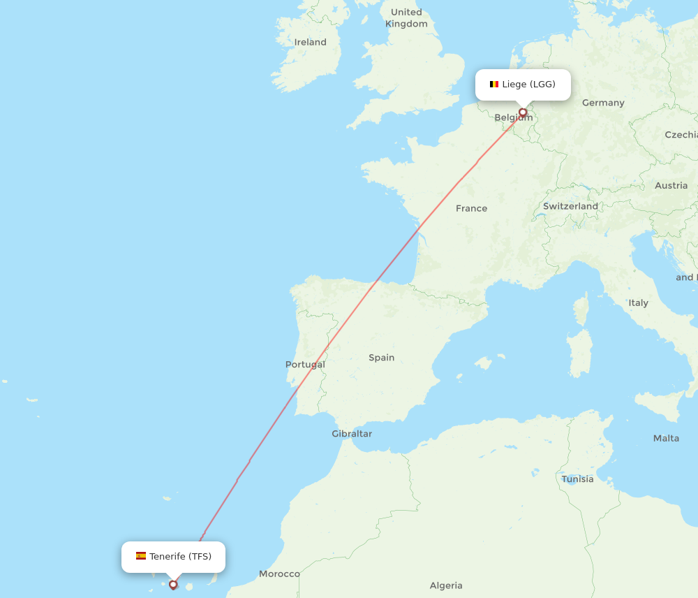 LGG to TFS flights and routes map