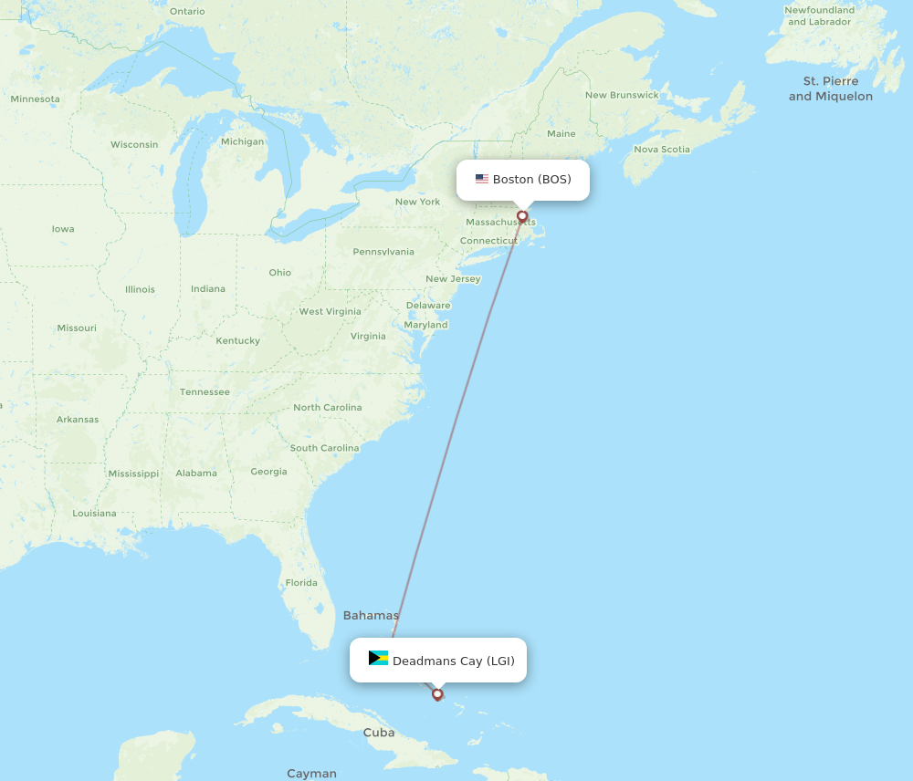 Deadmans Cay - Boston route map and flight paths