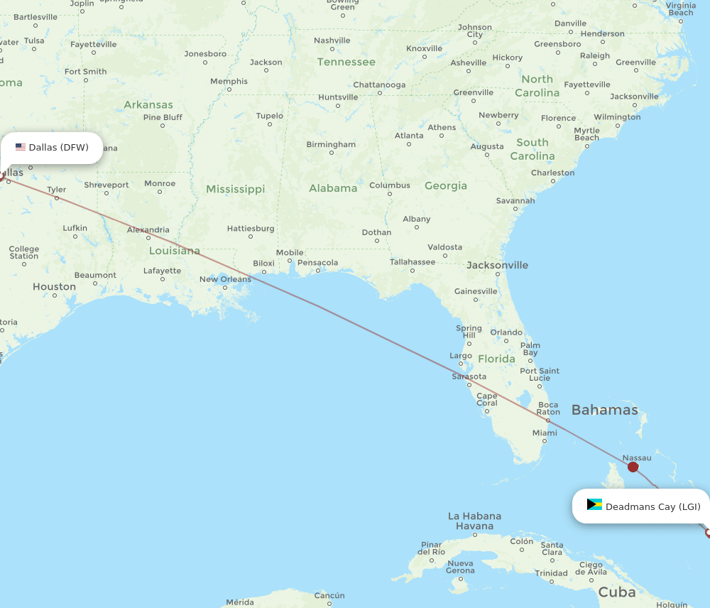 Dallas - Deadmans Cay route map and flight paths