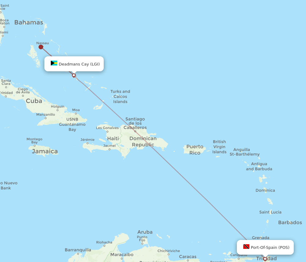 Port Of Spain - Deadmans Cay route map and flight paths