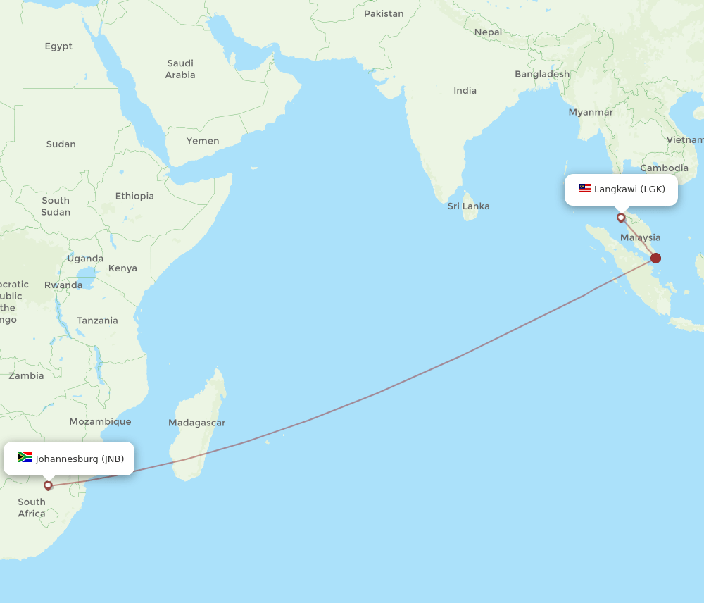 LGK to JNB flights and routes map