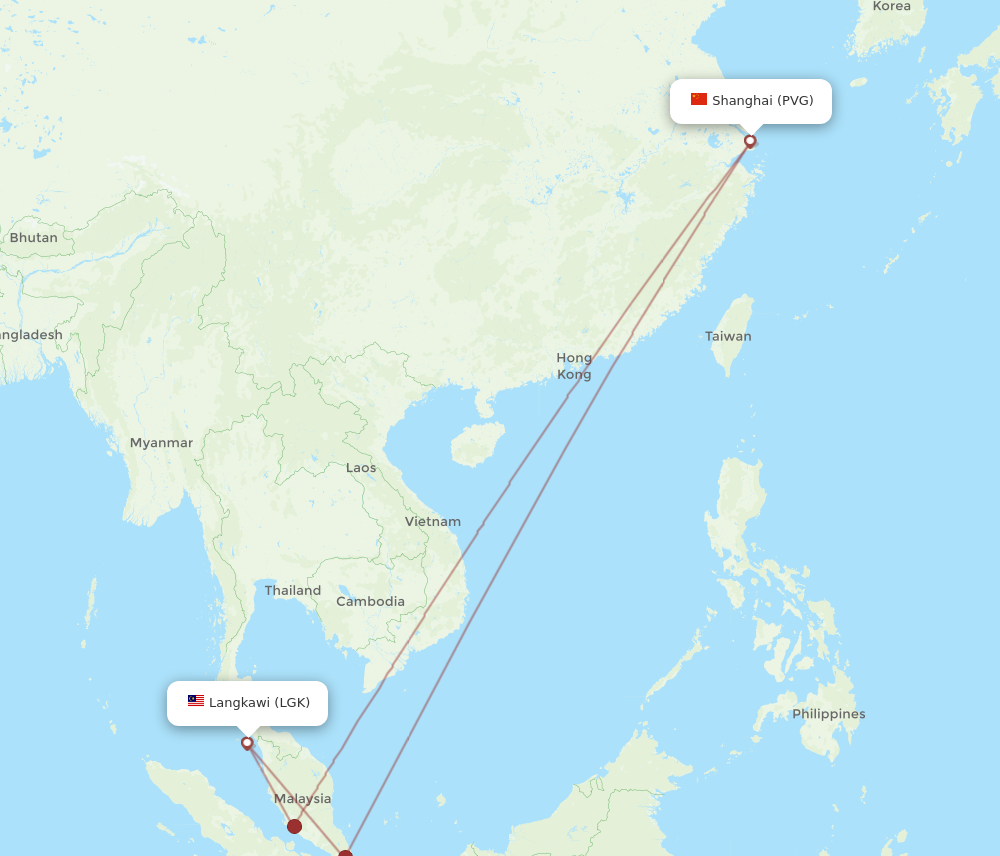 PVG to LGK flights and routes map