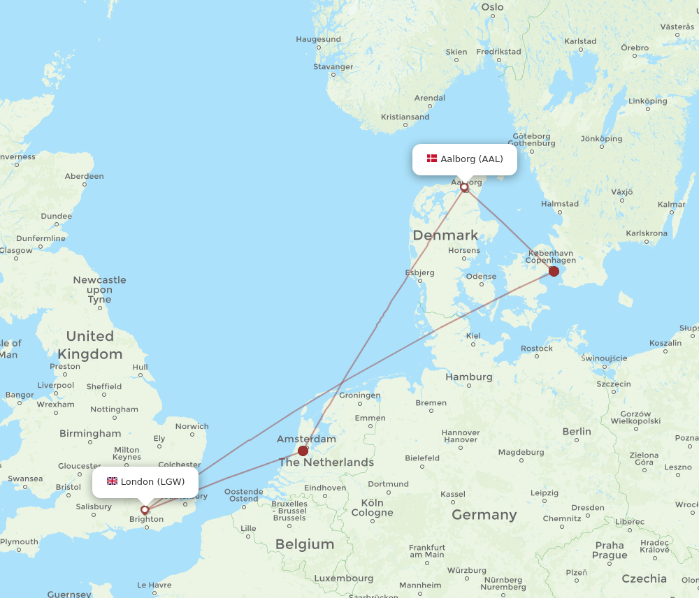 LGW to AAL flights and routes map
