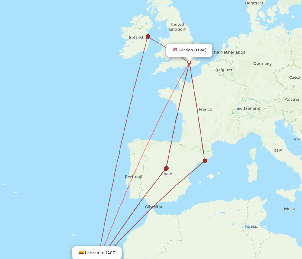 LGW to ACE flights and routes map