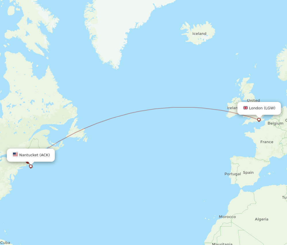 LGW to ACK flights and routes map