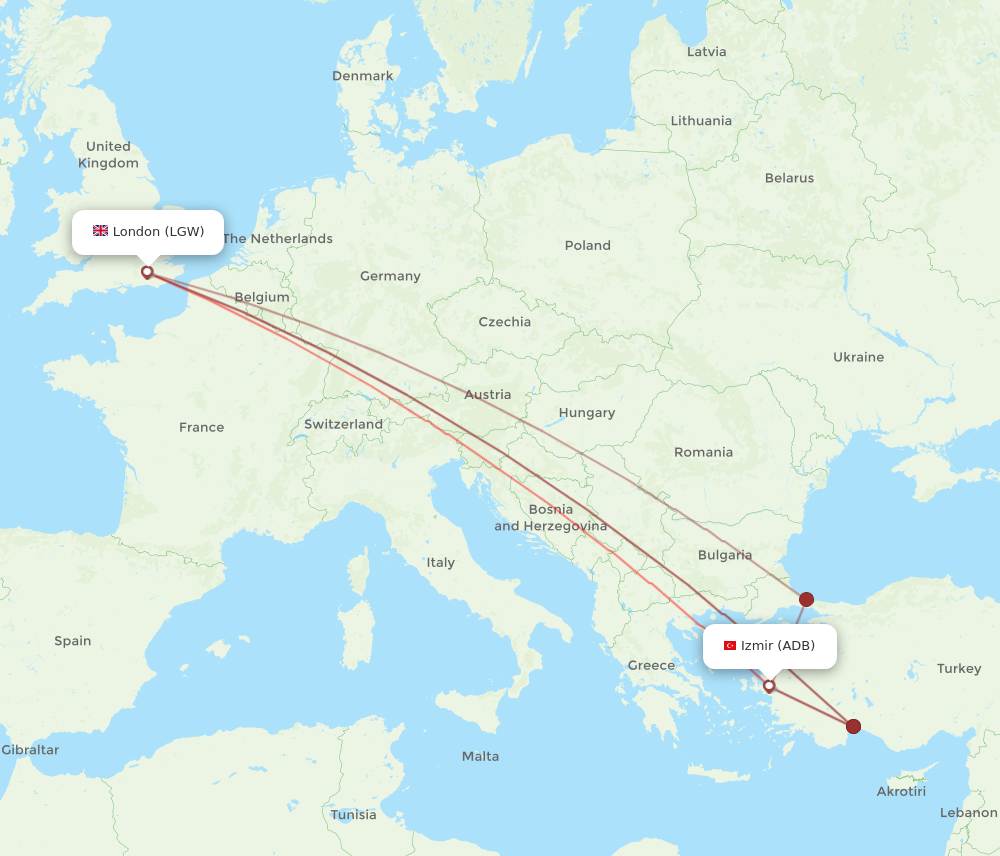 LGW to ADB flights and routes map