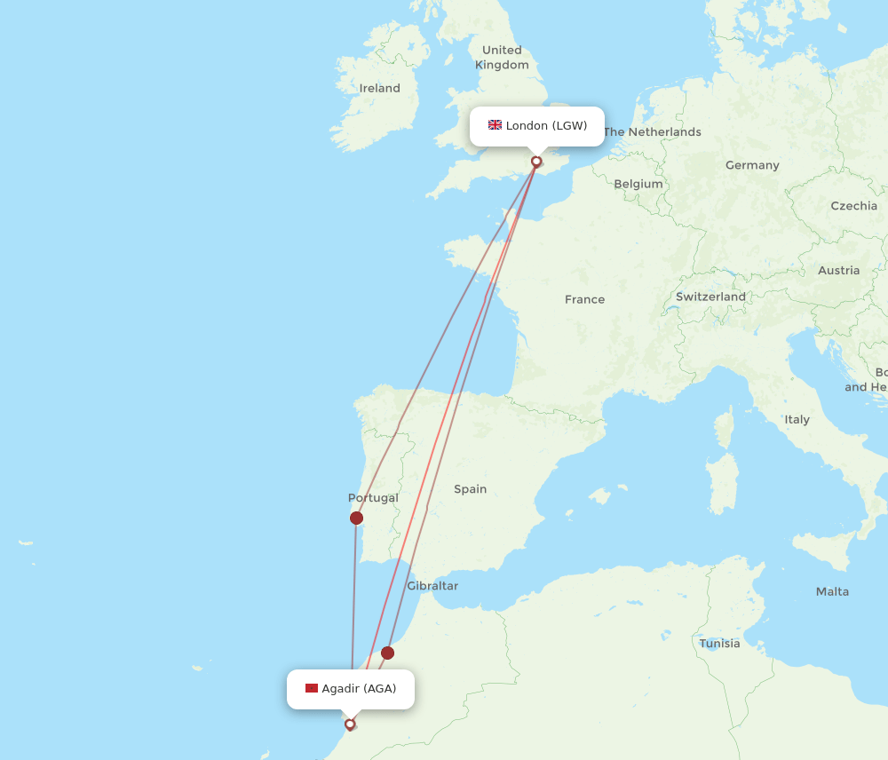 LGW-AGA flight routes