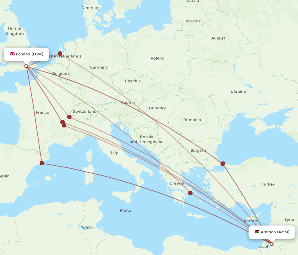 LGW to AMM flights and routes map