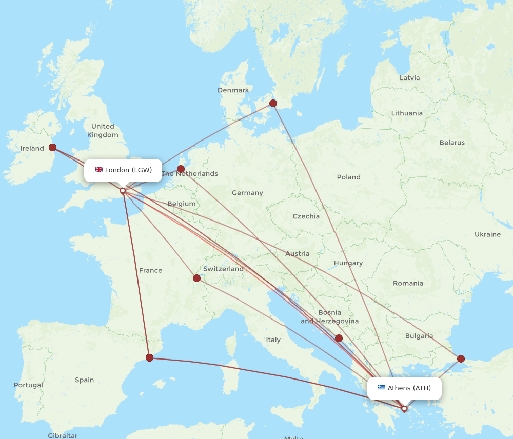 LGW to ATH flights and routes map