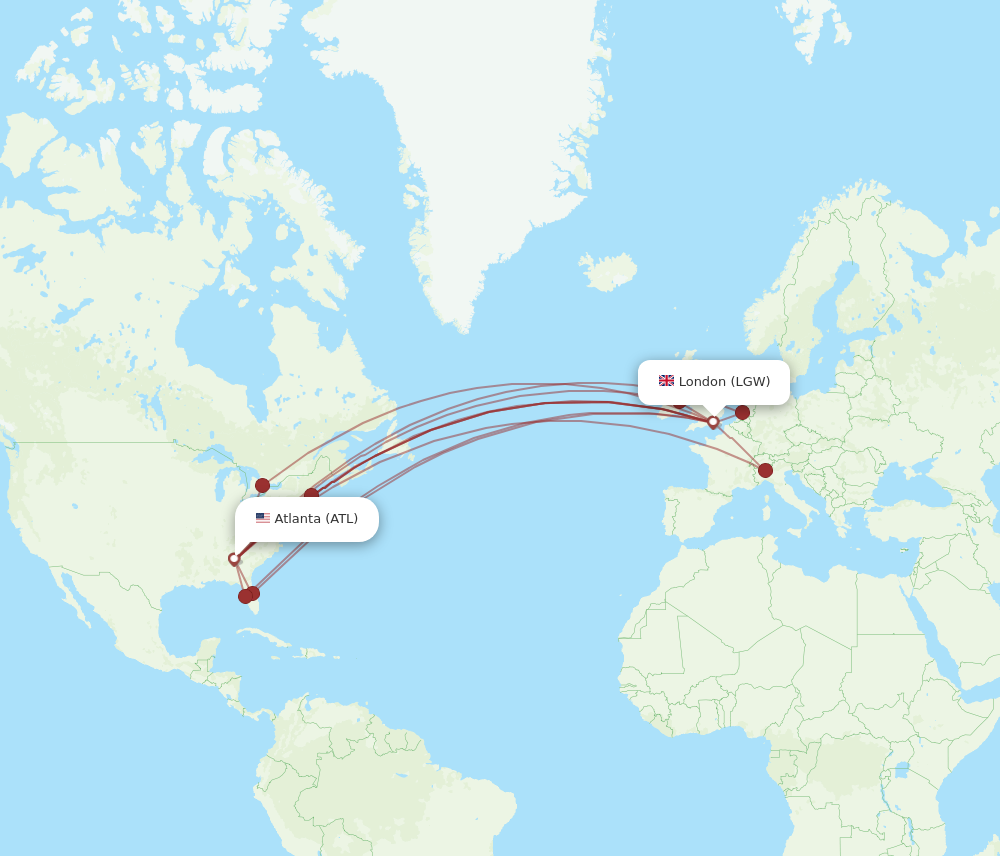 LGW to ATL flights and routes map