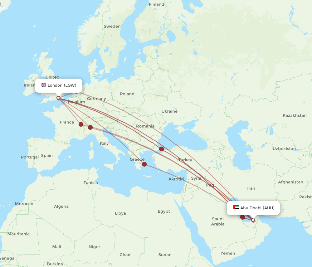 LGW to AUH flights and routes map