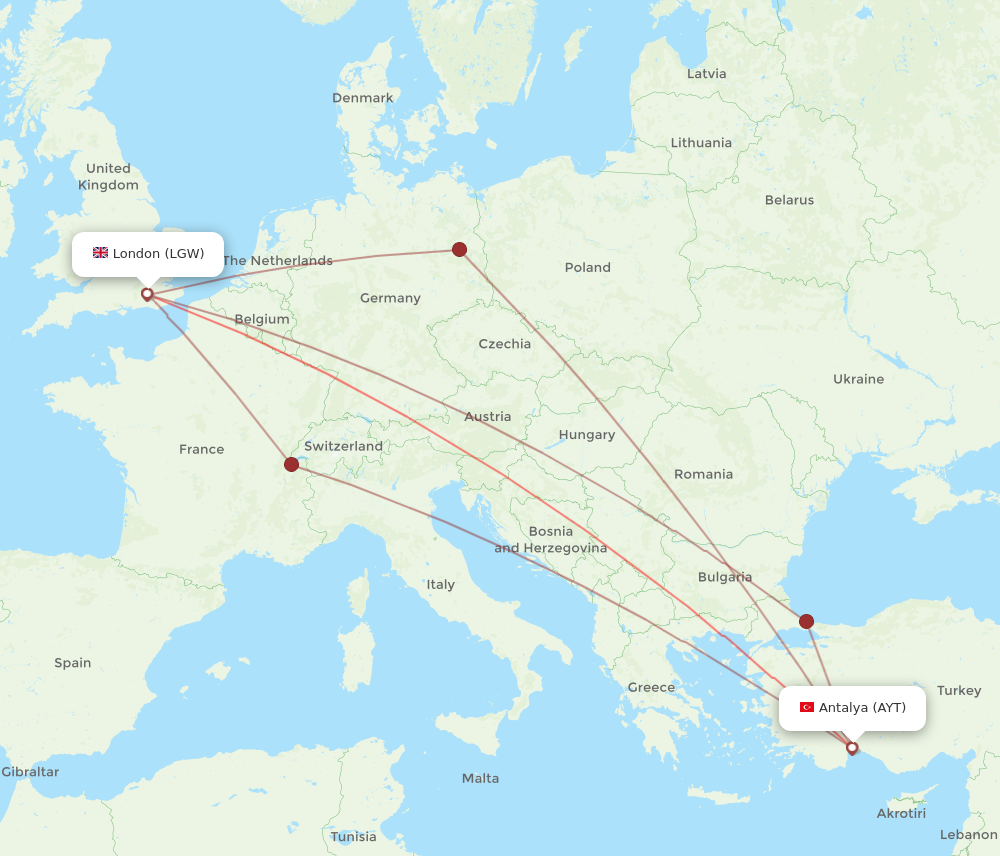 LGW to AYT flights and routes map