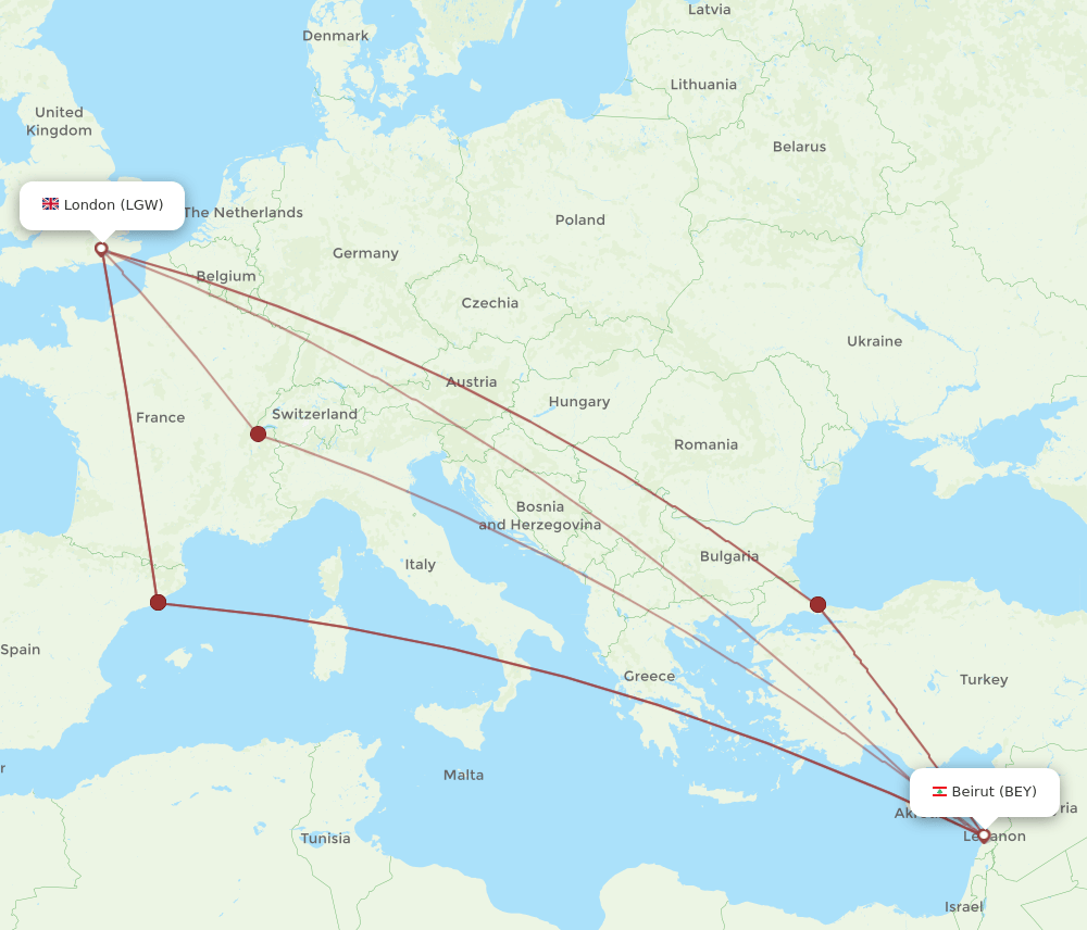 LGW to BEY flights and routes map