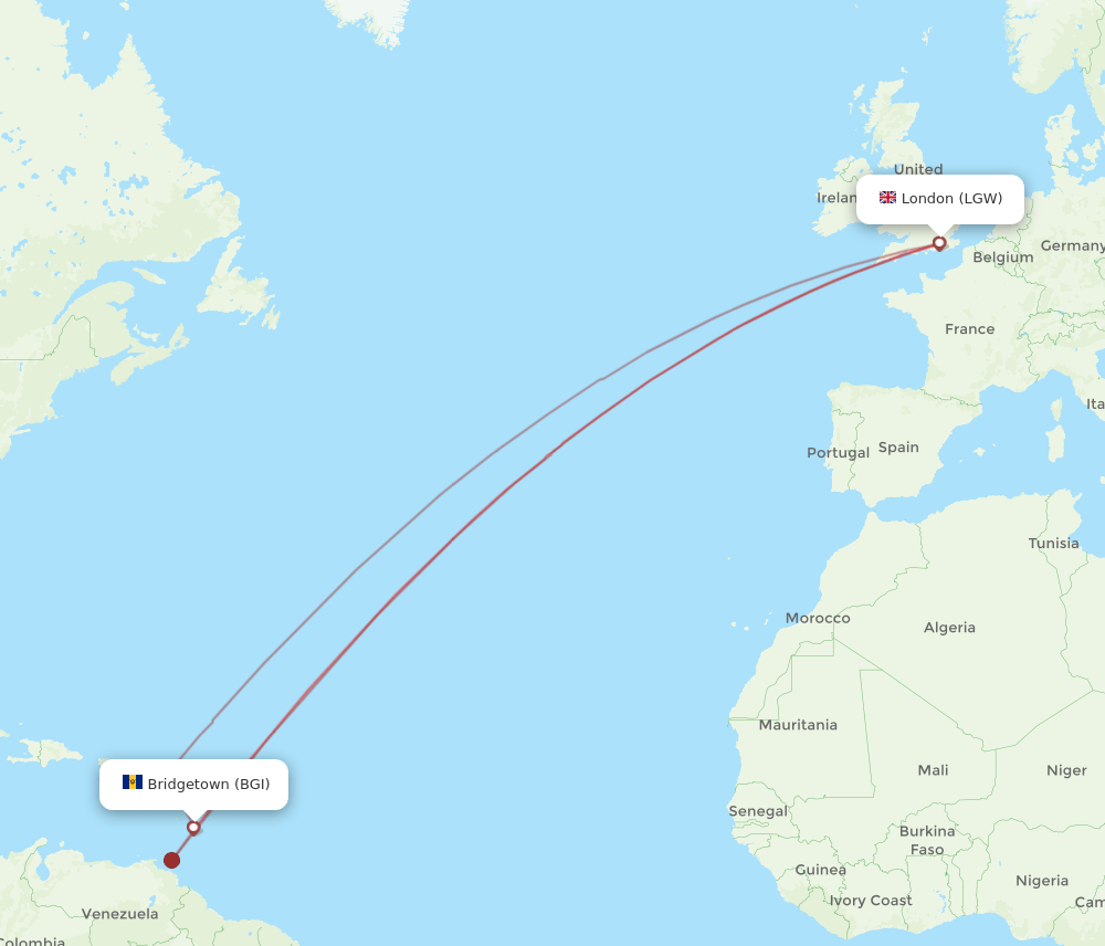 LGW to BGI flights and routes map