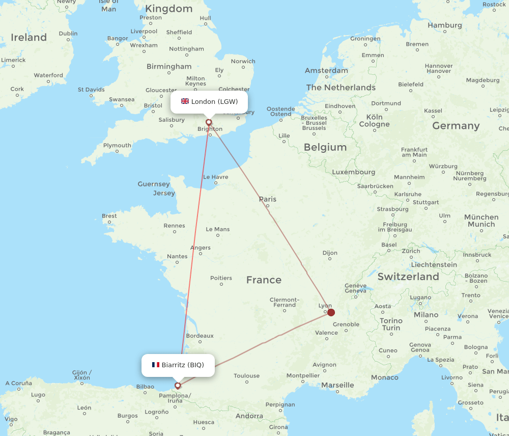 London - Biarritz route map and flight paths