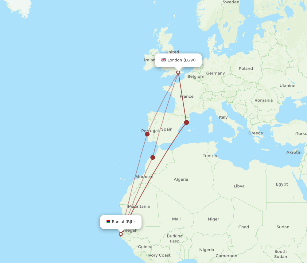 LGW-BJL flight routes