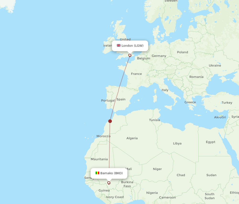 LGW to BKO flights and routes map