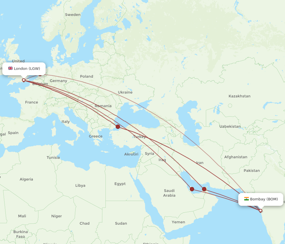 LGW to BOM flights and routes map