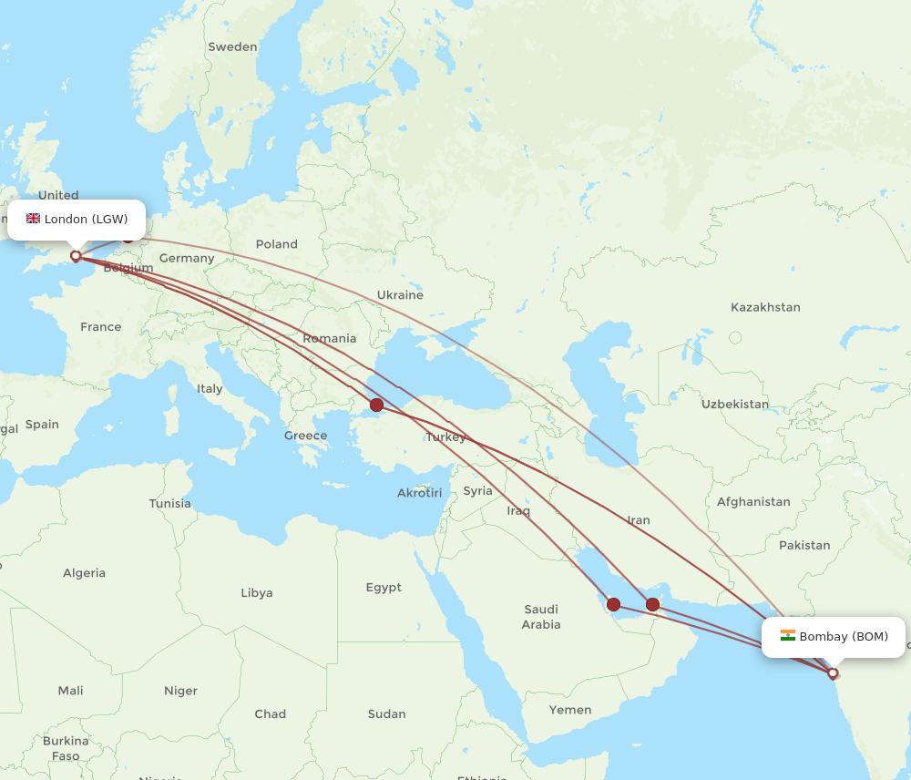 LGW to BOM flights and routes map