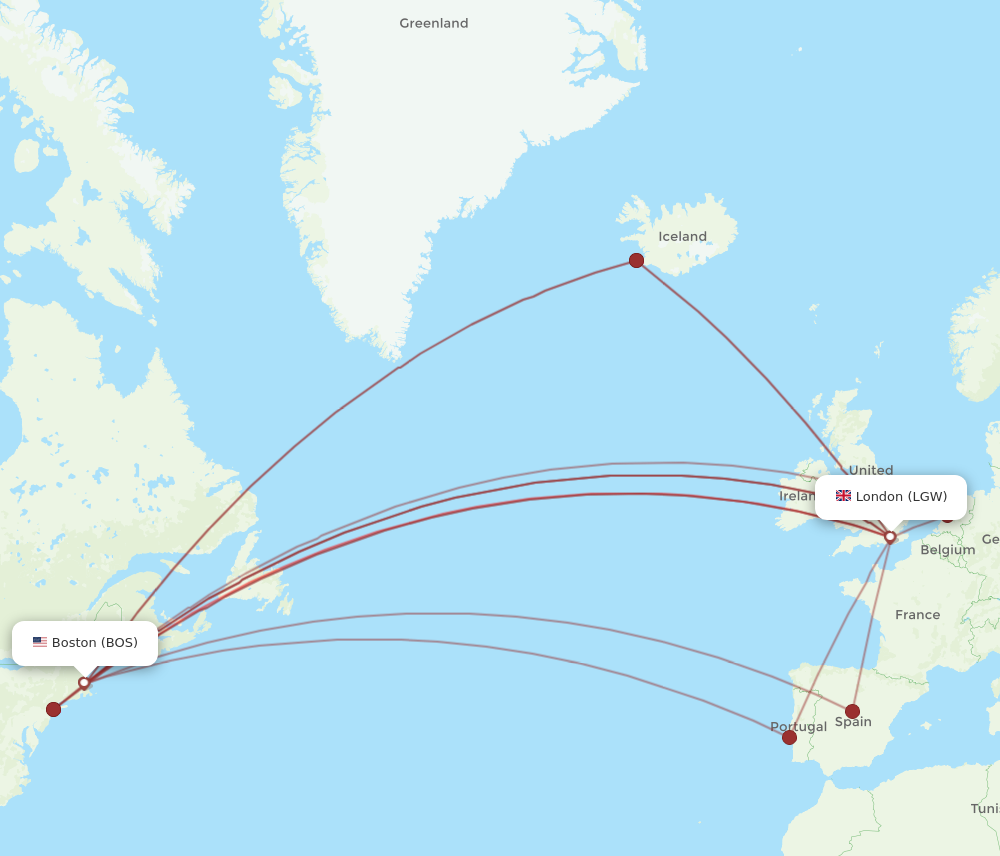 LGW to BOS flights and routes map