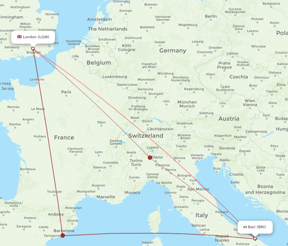 LGW to BRI flights and routes map
