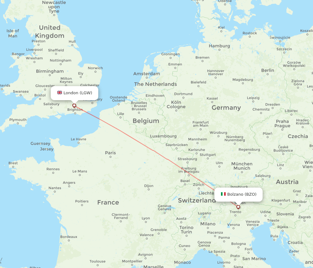 LGW to BZO flights and routes map