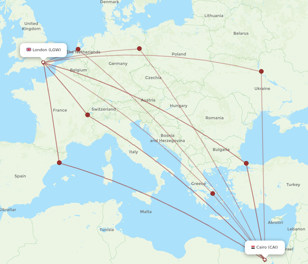 LGW to CAI flights and routes map