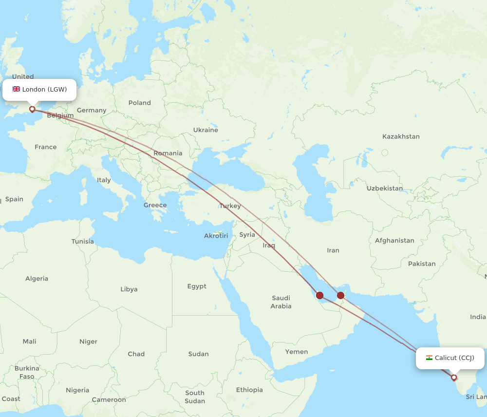 LGW to CCJ flights and routes map
